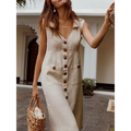 Vestido Cecília Midi Decote V com Gola Botões e Bolsos Frontais