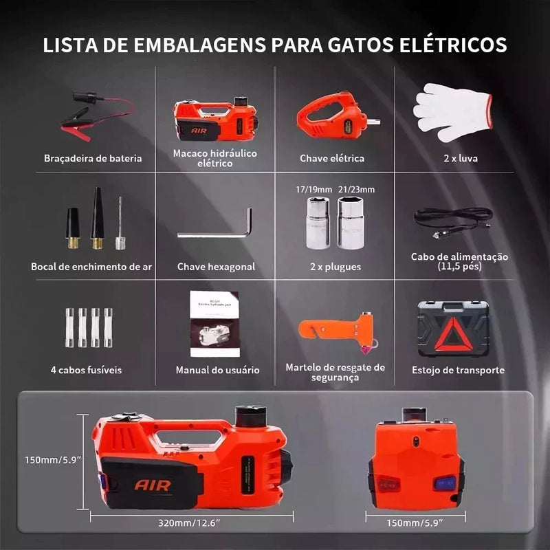 Kit Macaco Elétrico 4 em 1 (Macaco, Compressor de ar Chave de Impacto) 12V