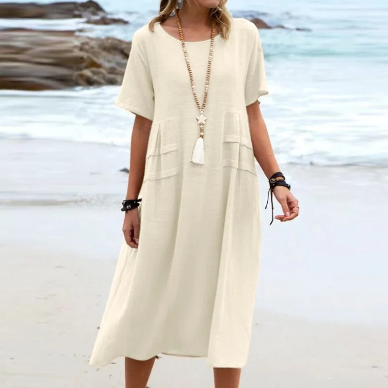 Vestido Giulia Midi  Manga Curta Corte Amplo Decote Redondo